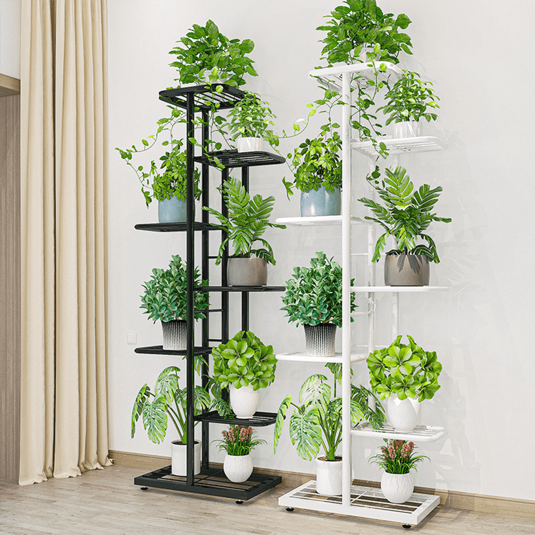 7-Tierblack/White Metal Plant Stand Outdoor Indoor Flower Pot Display Rack Ladder Shelf for Garden