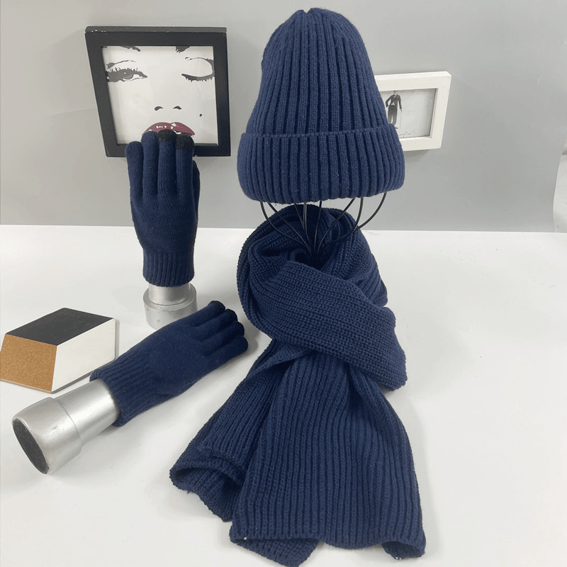 Multi-Piece Knitted Scarf Hat and Gloves Three-Piece Set