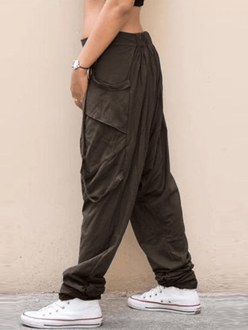 Women Solid Elastic Waist Button Casual Pants