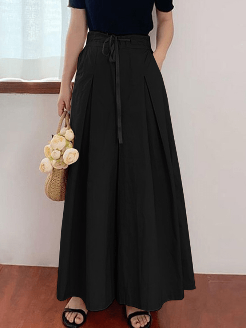 Women Drawstring Waist Loose Solid Color Casual Wide Leg Pants with Pocket