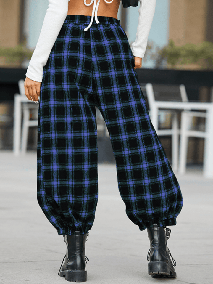 Women Plaid Print Elastic Waist Loose Stylish Beam Feet Pants Harem Pants with Pockets