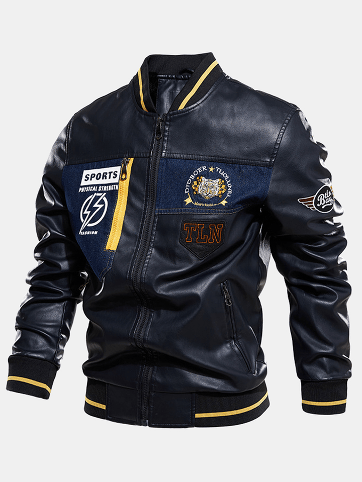 Mens Graphics Embroidery Baseball Collar PU Leather Jacket