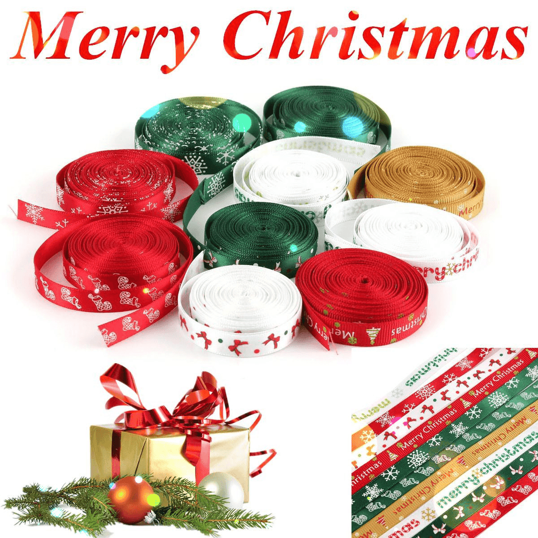 5 Yard 10Mm Printed Merry Christmas Tree Grosgrain Ribbon DIY Craft