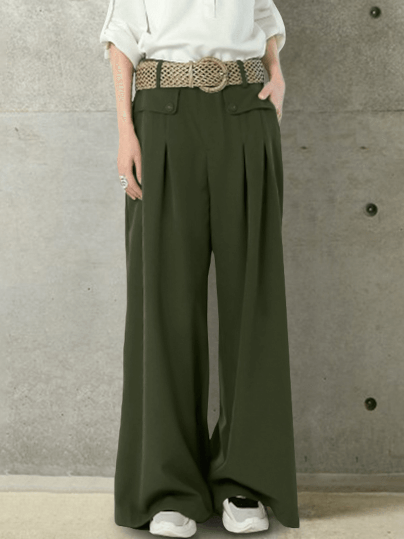 Women Solid Color Button Casual Loose Wide Leg Pants with Pocket