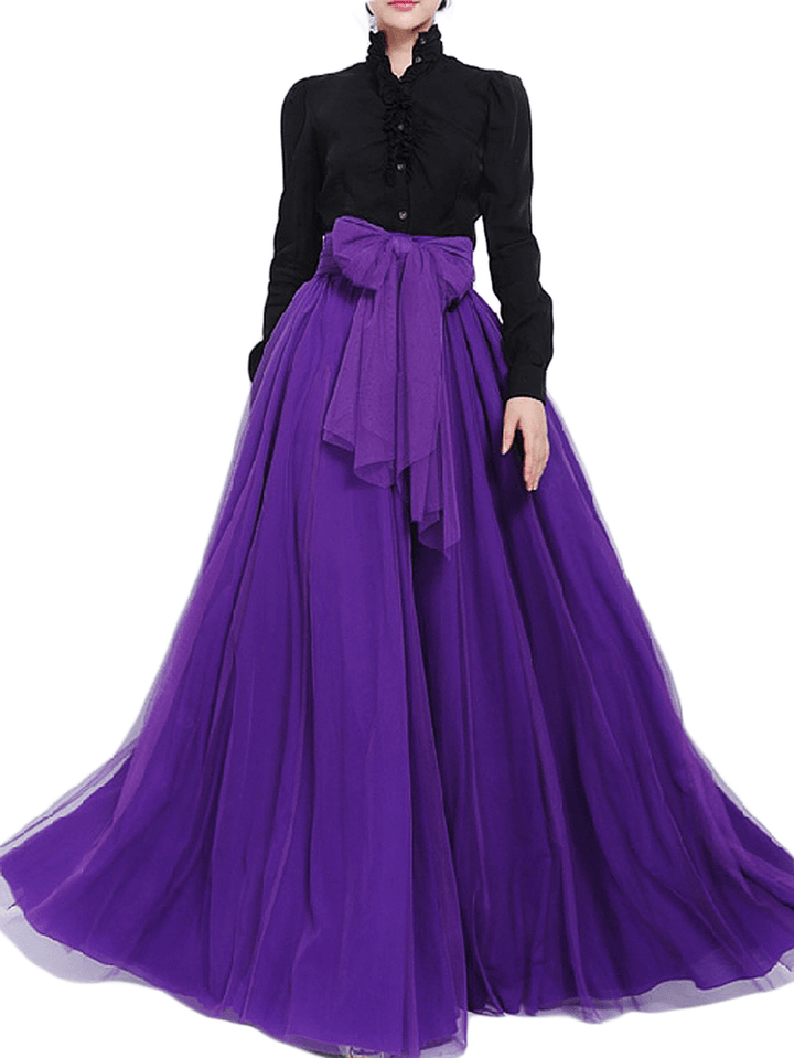 Solid Color Mesh Tulle Pleated Maxi Skirt - MRSLM