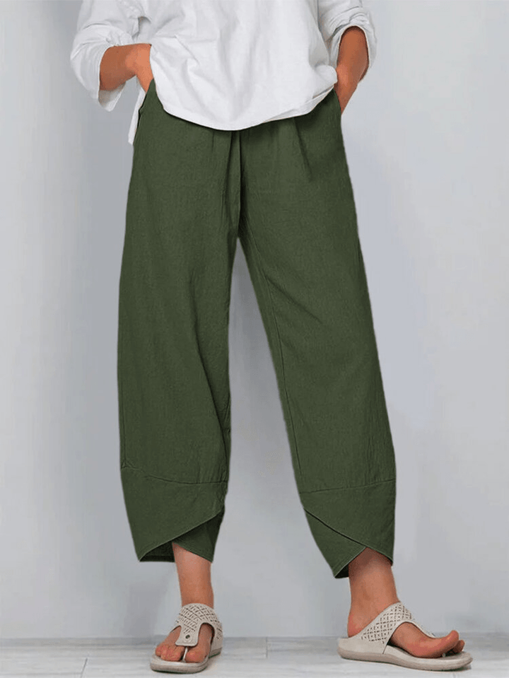 Solid Color Elastic Waist Casual Pants with Pockets