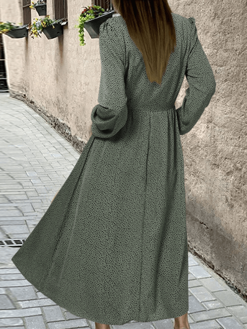 Women Vintage Polka Dot Print Knotted Big Swing Casual Long Sleeve Dress