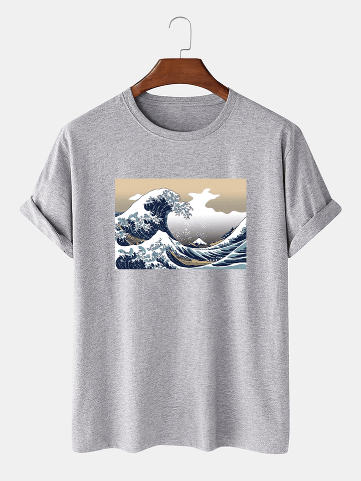 Mens Sea Wave Pattern Short Sleeve 100% Cotton Casual T-Shirts