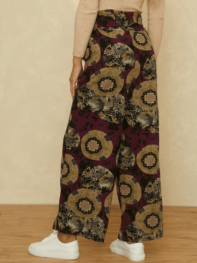 Women Ethnic Style Print Asymmetric Tie Waist Casual Wide Leg Pants