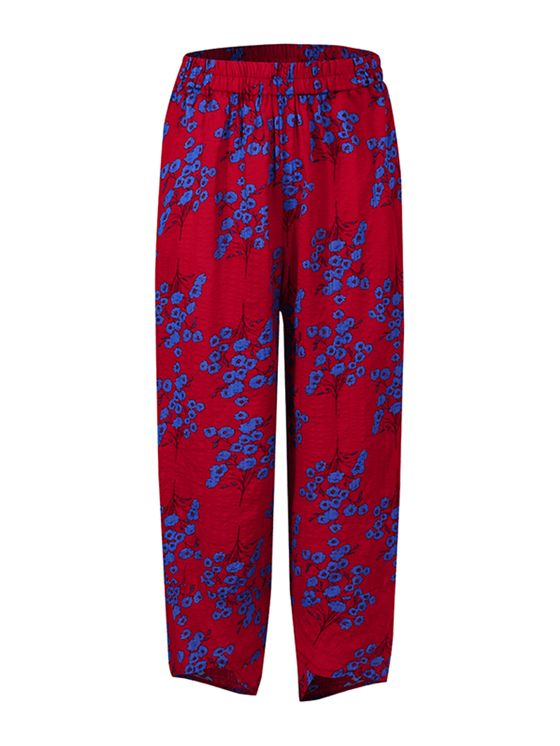 Women's Floral Print Casual Pants with Elastic Waist and Side Pockets