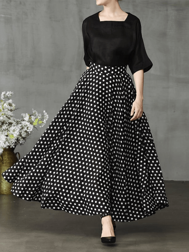 Women Polka Dot Print Loose Big Swing Side Pockets Casual Long Skirt