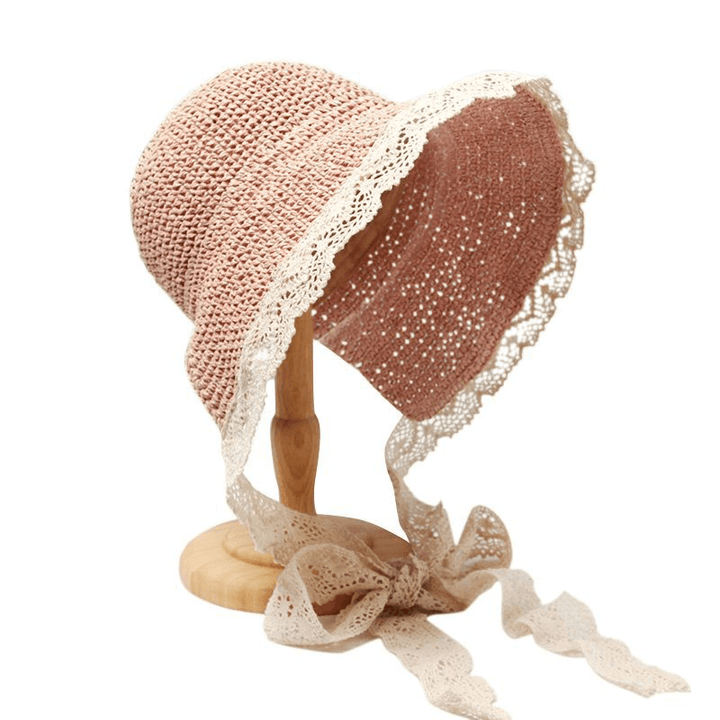 Women Lace Brim Foldable Sunscreen Bucket Straw Hat