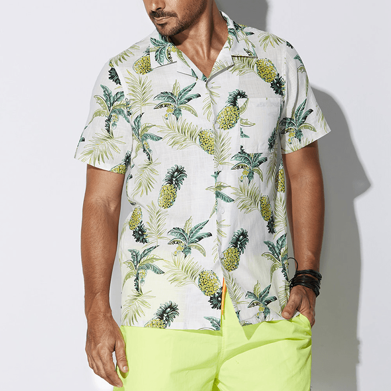 Men Tropical Plants Printed Short Sleeve Hawaiian Shirts