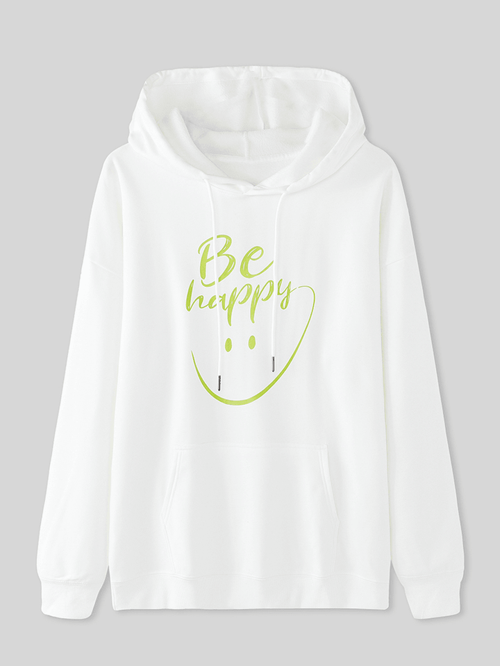 Women Smile Face Letter Print Pouch Pocket Casual Long Sleeve Hoodies