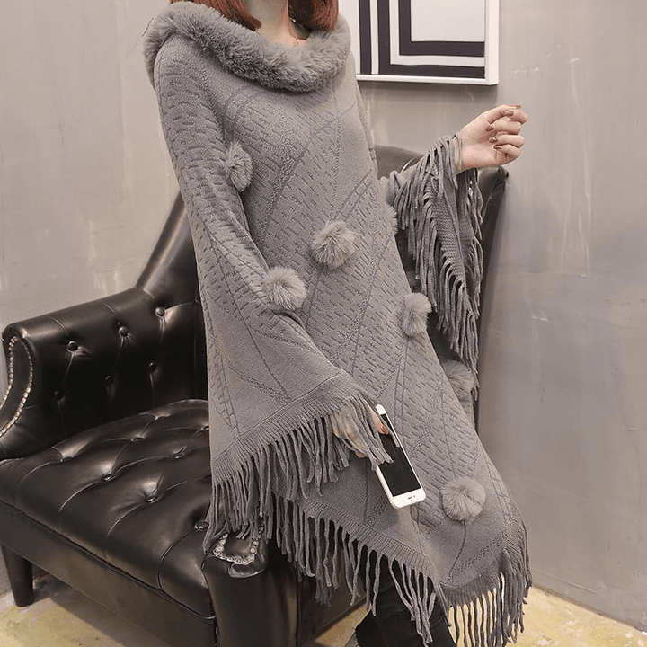 Loose Outer Wear Fur Collar Bat Shirt with Hand-Woven Tassels