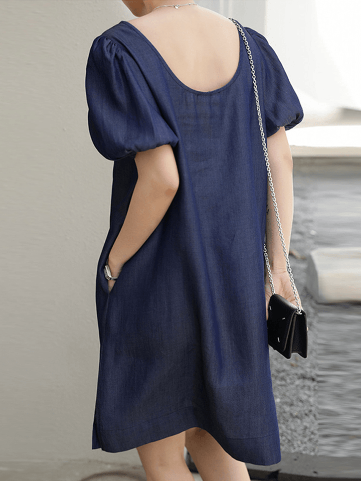 Solid Casual Crew Neck Puff Sleeve Pleated Plain A-Line Midi Dress