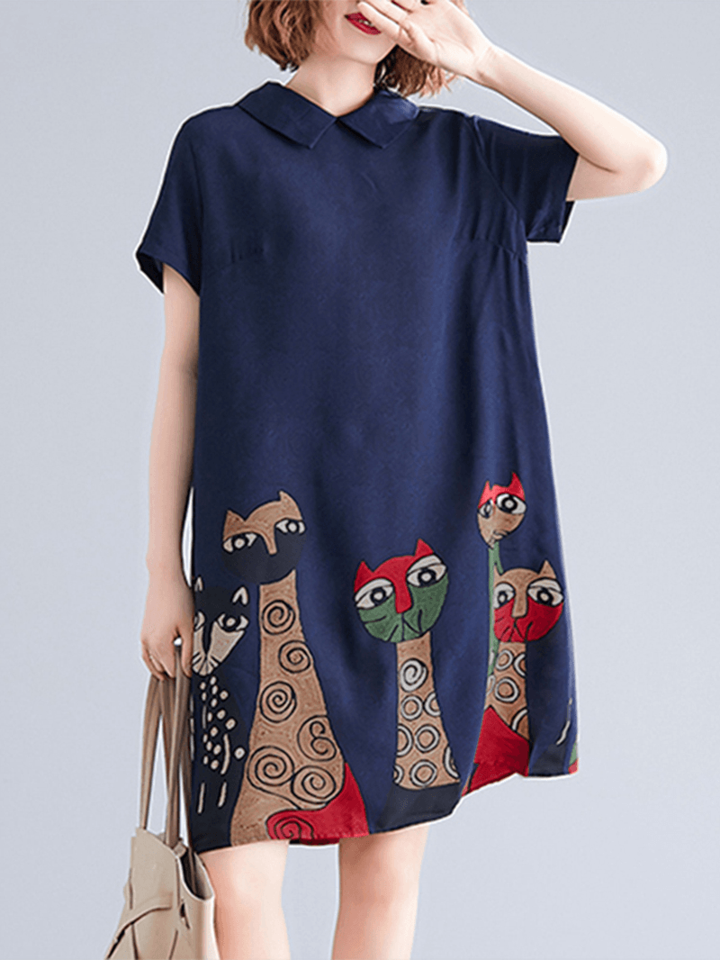 Short Sleeve Lapel Loose Back Button Animal Printed Dress for Women - MRSLM