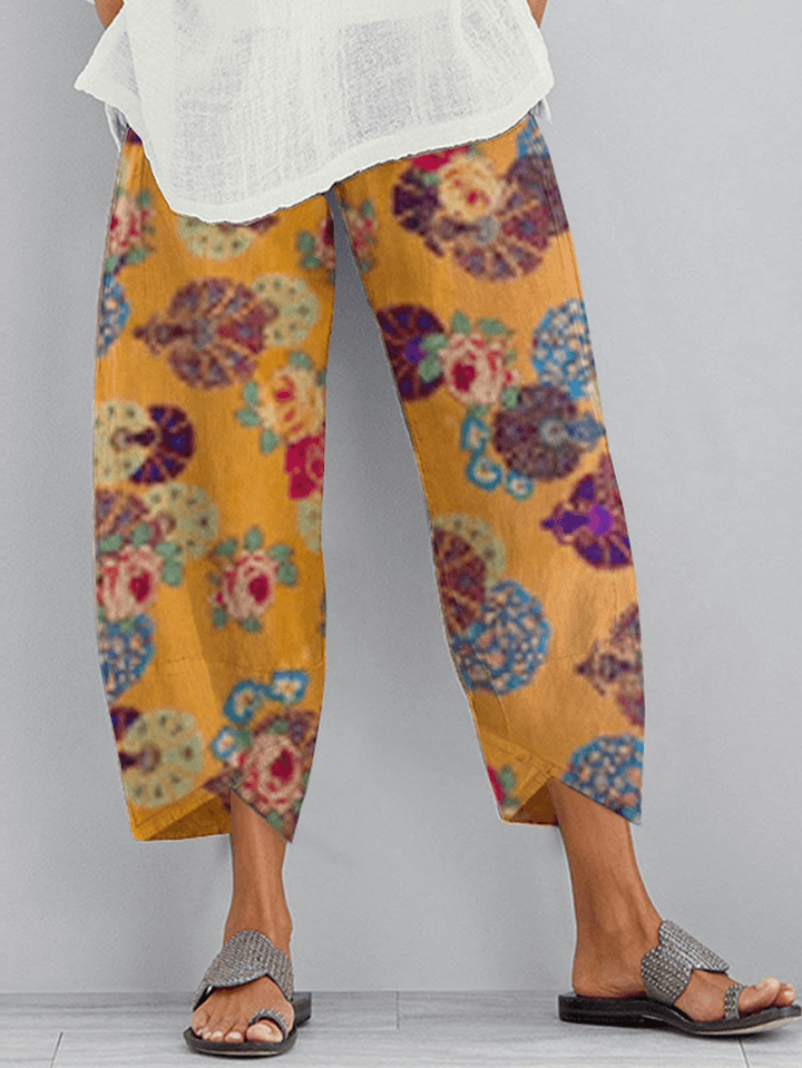 Ethnic Floral Print Elastic Side Pocket Irregular Casual Pants for Women - MRSLM