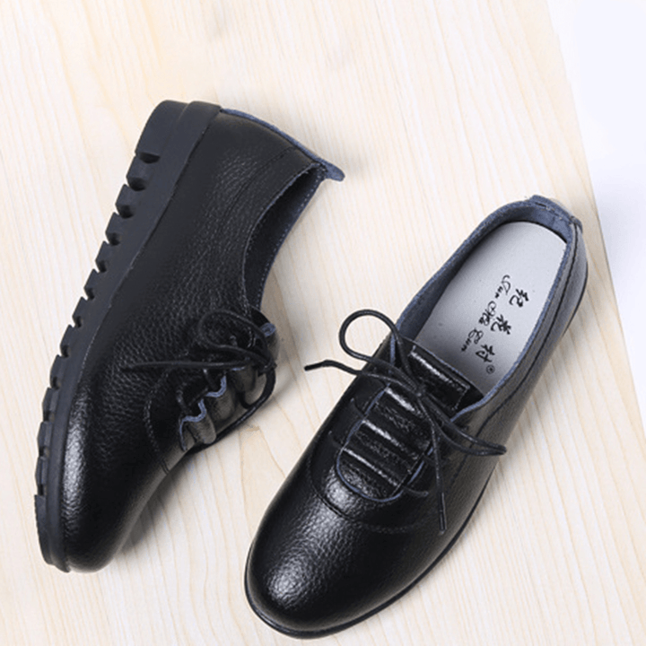 Women Non-Slip Solid Color Leather Lace-Up Soft Sole Flats