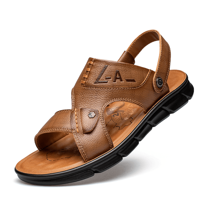 Men Cowhide Leather Opened Toe Non Slip Comforty Beach Casual Outdoor Sandals