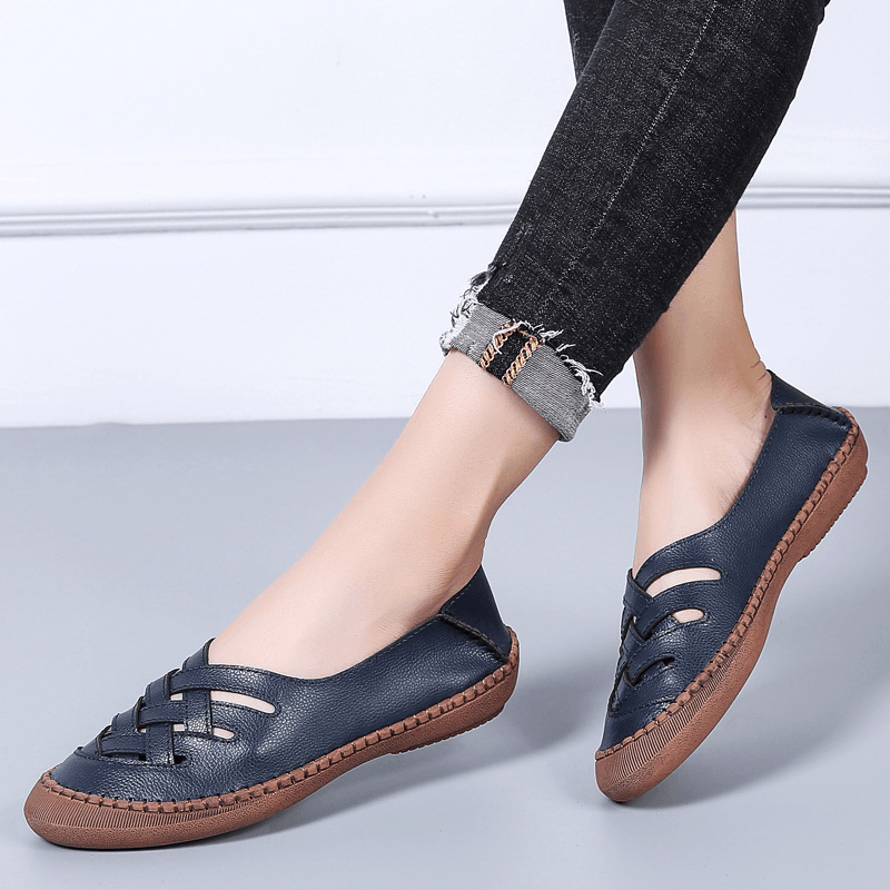 Women Genuine Leather Breathable plus Size Hollow Spring Casual Flats Loafers