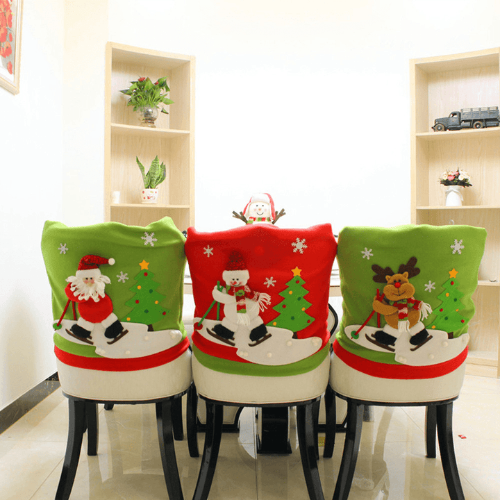 Christmas Chair Cover Cartoon Christmas Santa Claus Chair Back Cover Snowman Elk Ski Dinner Table Party Decorations