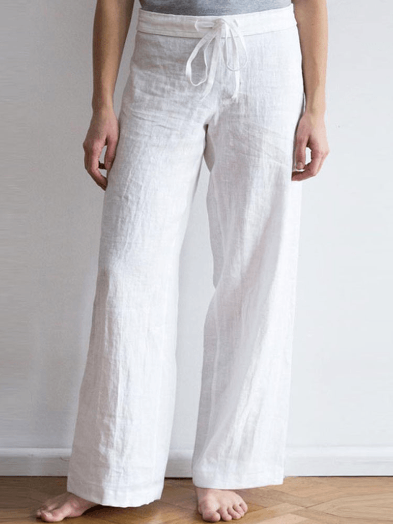 Women Elastic Waist Pockets Long Cotton Wide Leg Pants - MRSLM