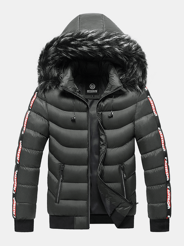 Men Letter Webbing Thick Removable Fur Hooded Zipper Pocket Solid Color down Jacket - MRSLM