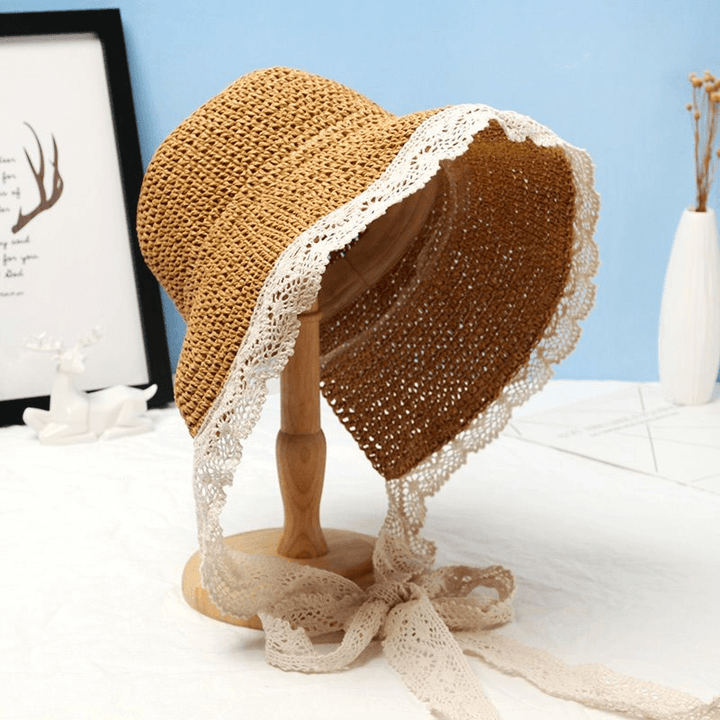 Women Lace Brim Foldable Sunscreen Bucket Straw Hat