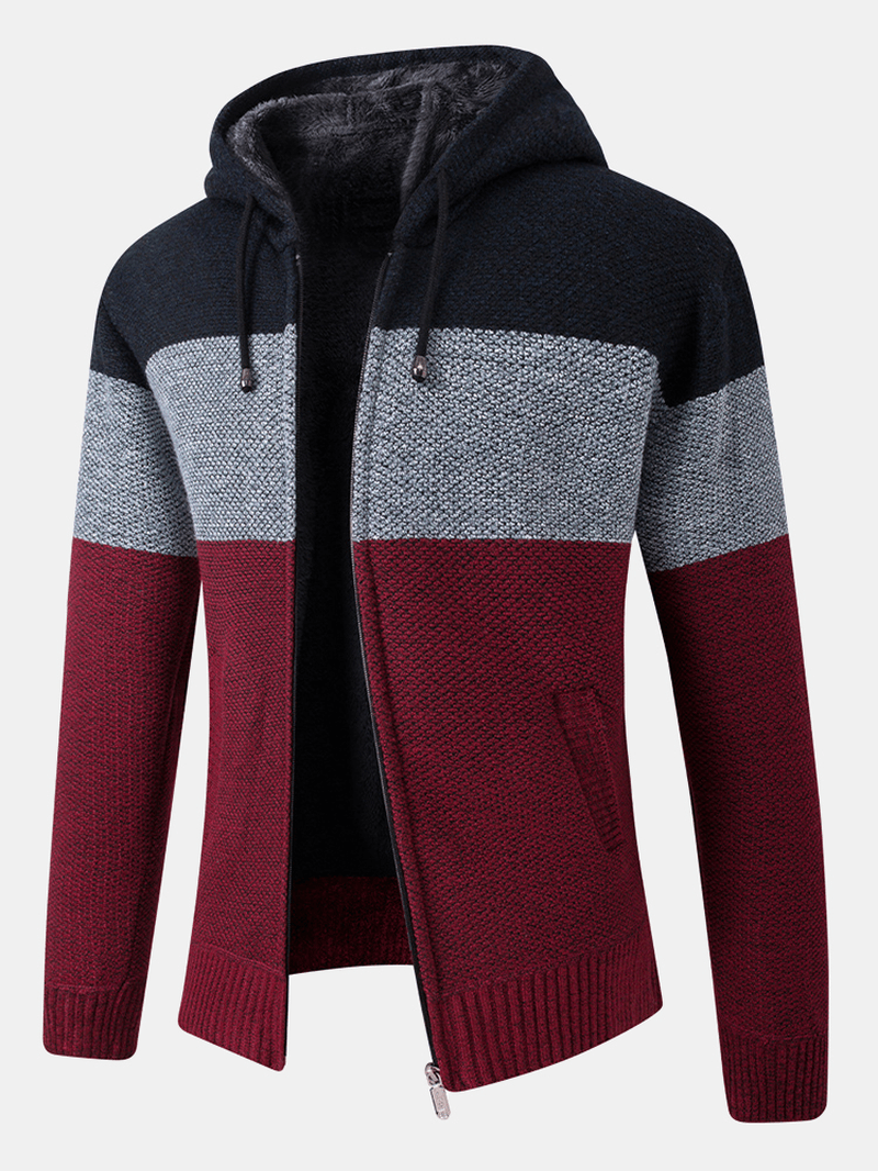 Mens Colorblock Wool Knitting Thick Warm Long Sleeve Hoodie Jacket