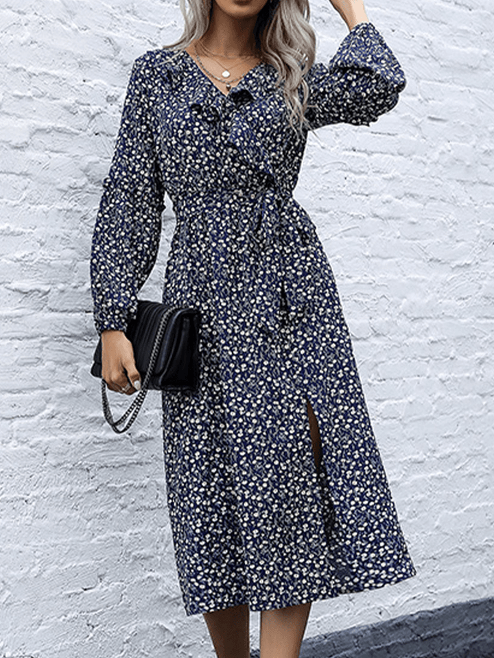 Women Floral Print Ruffle Trims V-Neck Long Sleeve Casual Midi Dress