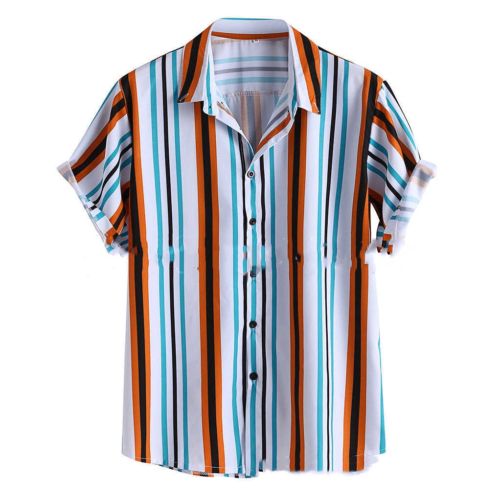 Men'S Lapel Print Striped Short Sleeve Shirt