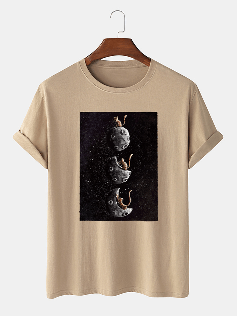 Mens 100% Cotton Space Cat Graphic Print Casual Short Sleeve T-Shirt