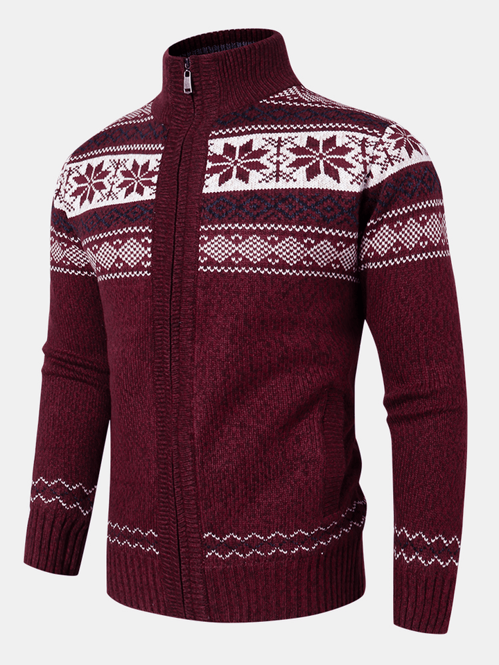 Mens Geometric Graphics Knitted Fleece Lined Warm Sweater Cardigans