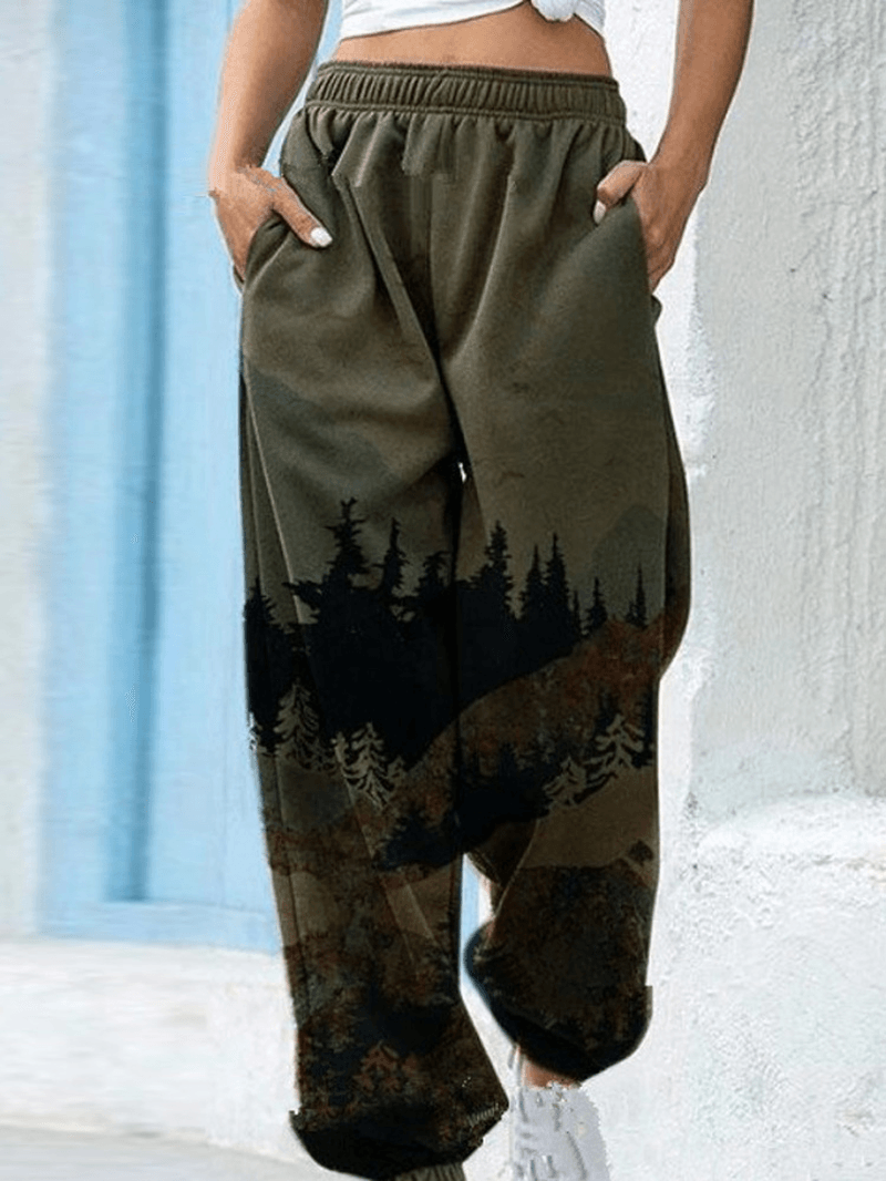 Women Casual Landscape Print Elastic Mid Waist Loose Harm Pants