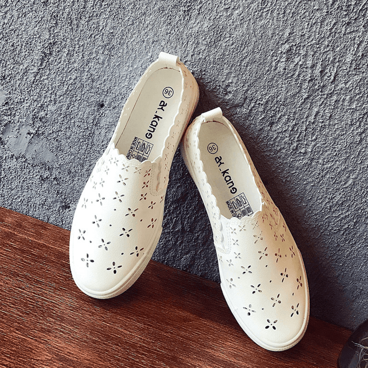 Women Flowers Hollow Comfy Breathable White Flats for Student