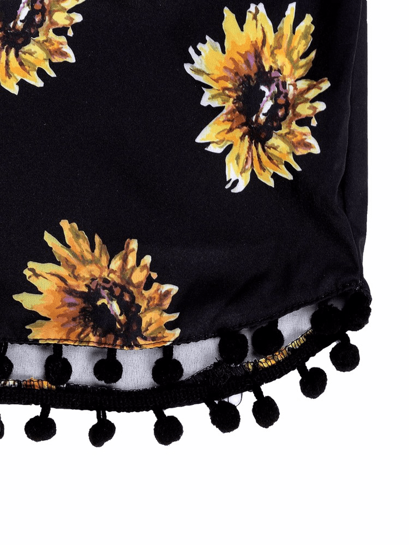 Women Elastic High Waist Sunflower Printed Shorts Casual Beach Shorts