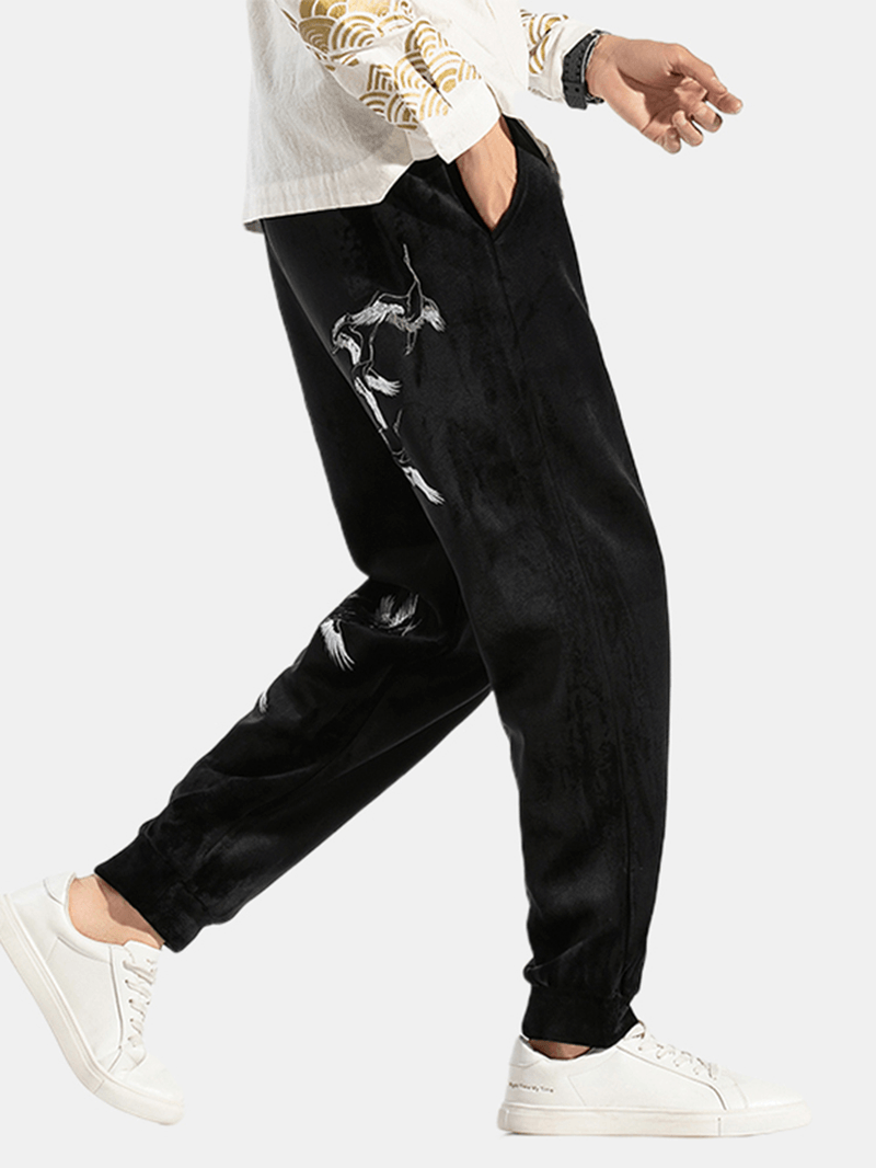 Men'S Casual Chinese Style Fashion Crane Embroidery plus Velvet Thick Warm Loose Pants