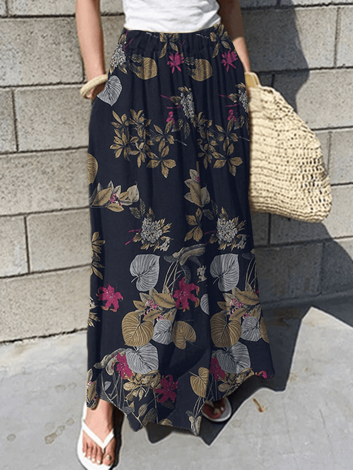 Women Floral Print Elastic Waist Pleated Casual Wide Leg Pants with Pocket