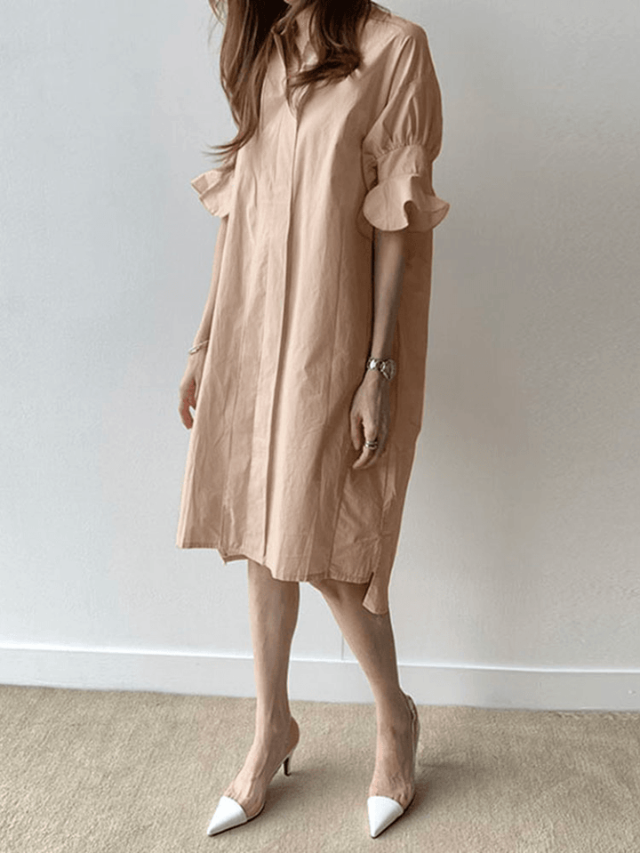 Casual Plain Lapel Button Half Sleeve Side Pocket Shirt Dress