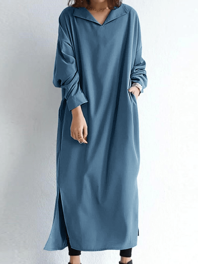 Women Solid Color Split Full Sleeve Side Pocket V-Neck Calf Length Casual Midi Dresses - MRSLM