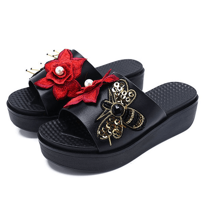 Women Summer Sandals Slip on Soft Sole Flower Embroidery Slippers