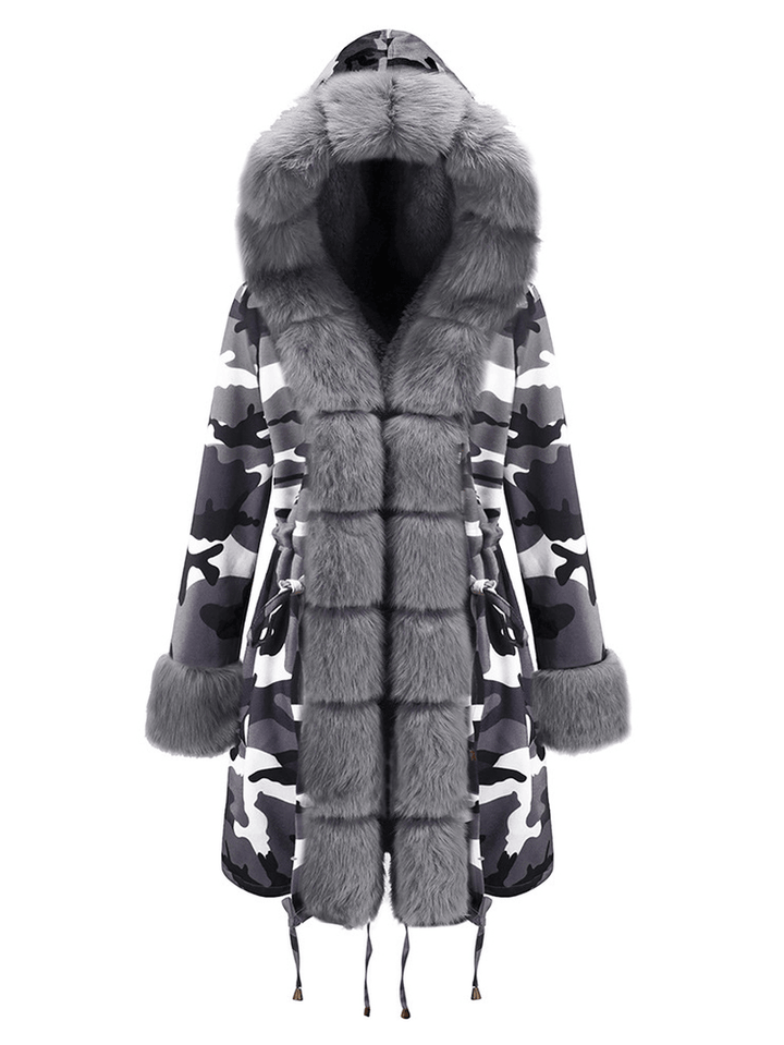 Long Sleeve Print Fur Collar Hooded Thick Coats - MRSLM