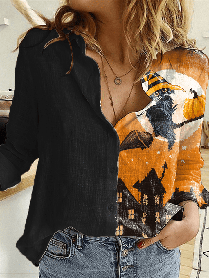 Halloween Printed Long Sleeve Turn-Down Collar Patchwork Shirts for Women