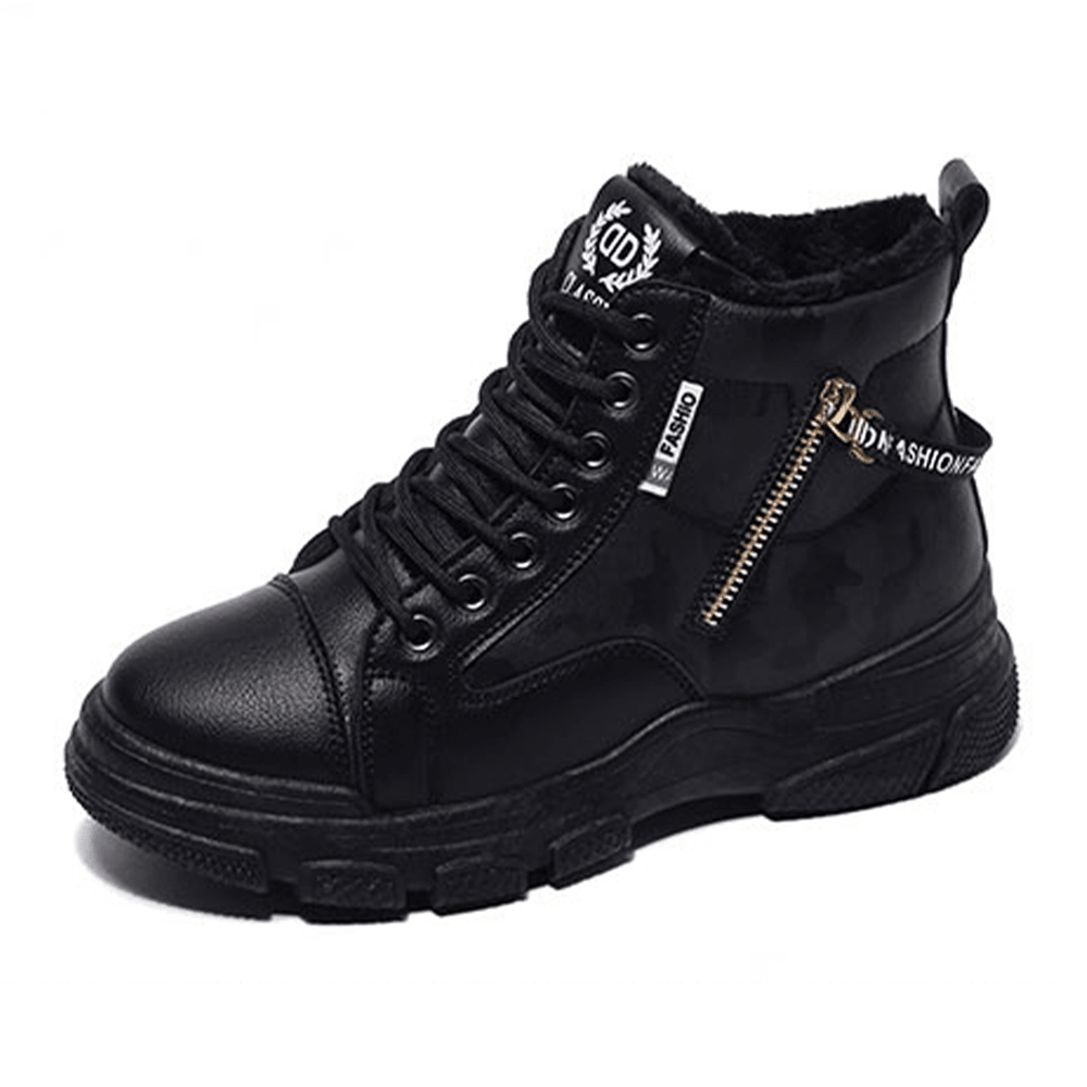 Women Casual Letter Pattern Lace up Zippers Warm Wearable Ankle Sports Court Sneaker Shoes - MRSLM