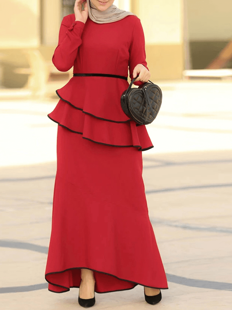 Women Irregular Hem Double Layer Ruffle Solid Dress