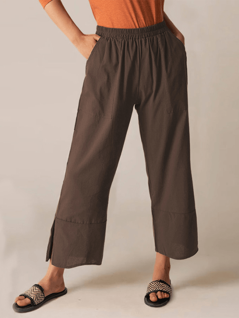 Casual Fork Elastic Waist Ninth Fork Solid Loose Fit Pants for Women - MRSLM