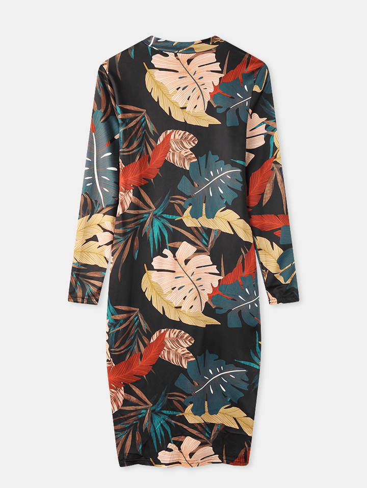 Women Plant Leaves Print Long Sleeve Zipper Elegant Midi Dress