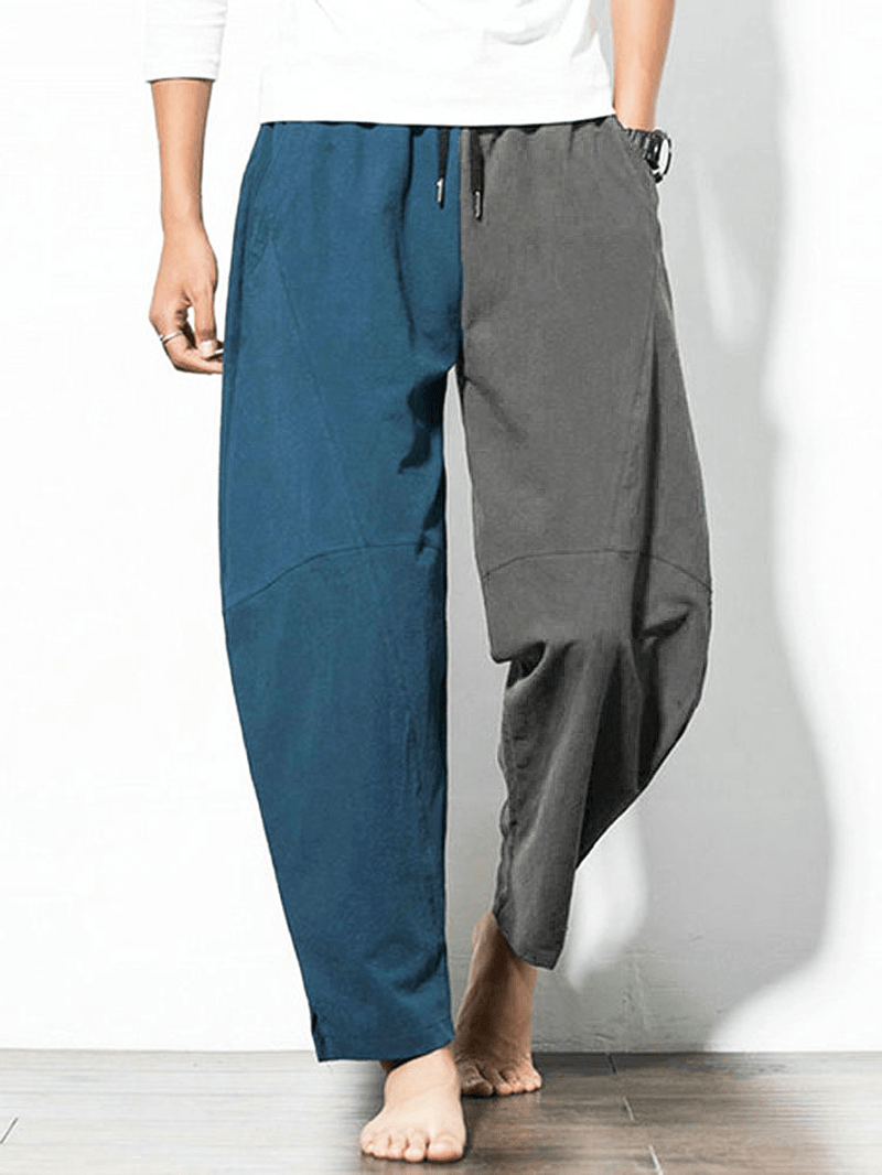 Mens 100% Cotton Patchwork Elastic Waist Pants