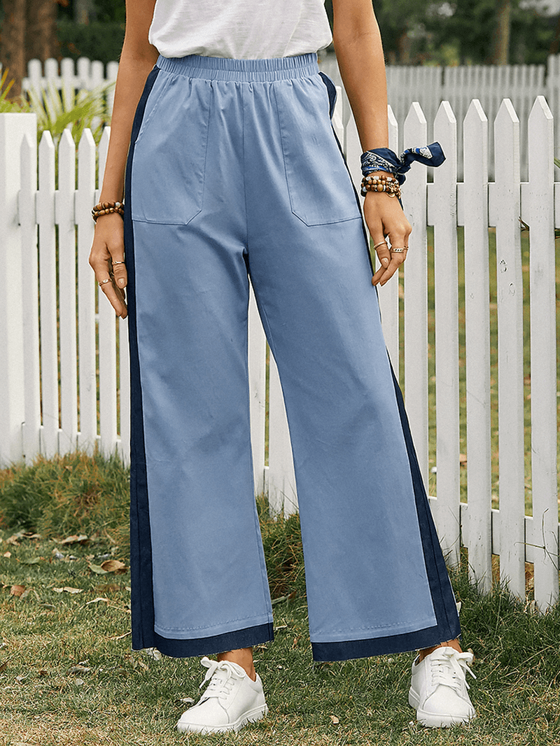 Women Patchwork Elastic Waist Casual Wide Leg Pants with Pocket - MRSLM